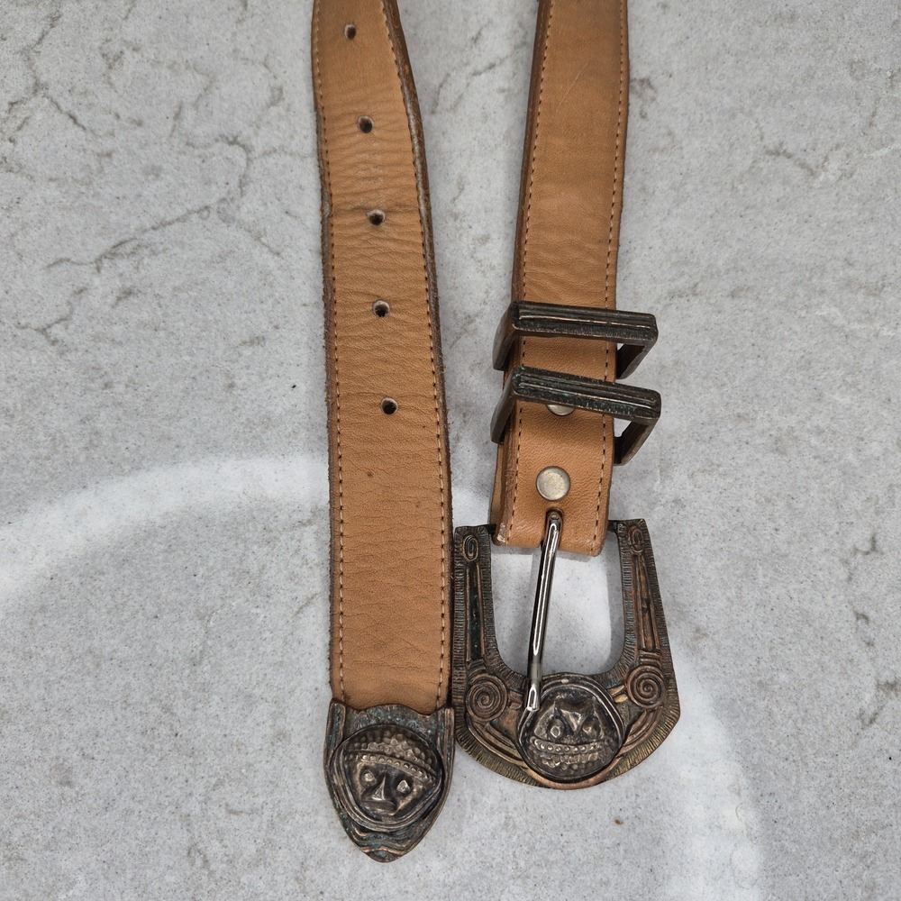 Vintage‎ LEATHEROCK USA Leather Belt Western Concho Metal Buckle Boho Distressed